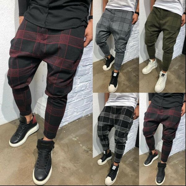 

mens slim fit urban straight leg trousers casual pencil jogger cargo pants plaid casual straight leg trousers pencil jogger, Black