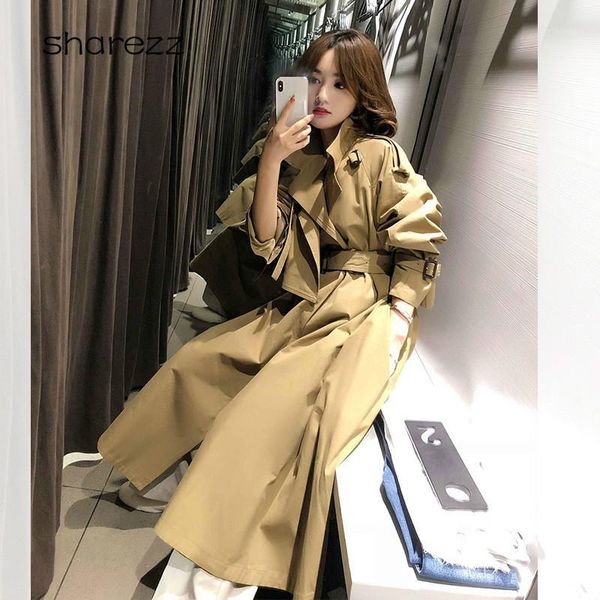 

british style khaki trench coat casual women's long outerwear straight for lady with belt fashion windbreaker1, Tan;black