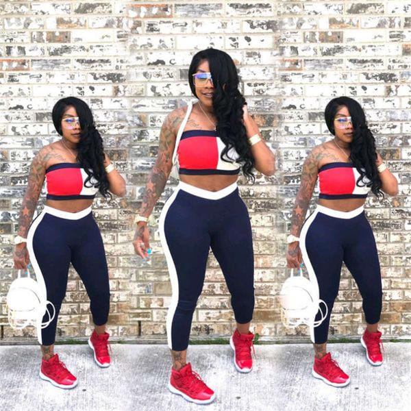 

european and american style autumn spring women's chest wipe long leggings yoga set running exercise fitness two pieces pants size s-3x, White