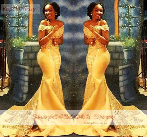 

african nigerian yellow mermaid prom dresses 2020 off shoulder lace sequined satin evening prom gowns arabic dress custom1, White;black