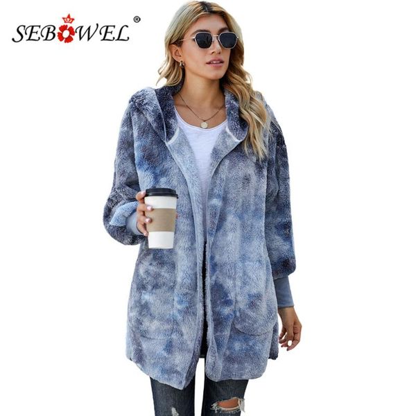 

women's fur & faux sebowel winter soft fleece hooded open front coat fashion lady tie dye/camo long sleeve oversized plush outerwear s-, Black