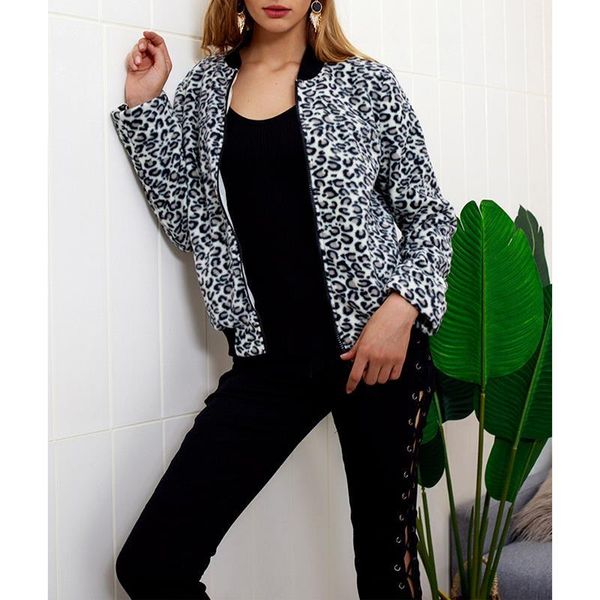 

autumn winter women o-neck zipper long sleeve leopard print jacker coat female fashion slim streetwear outwear sj344x, Black;brown