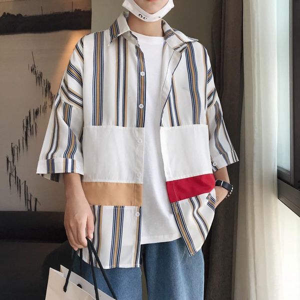 

2019 summer men's stripe printing coats hit color short sleeve classic style patchwork hawaiian khaki/blue fashion shirts -2xl, White;black