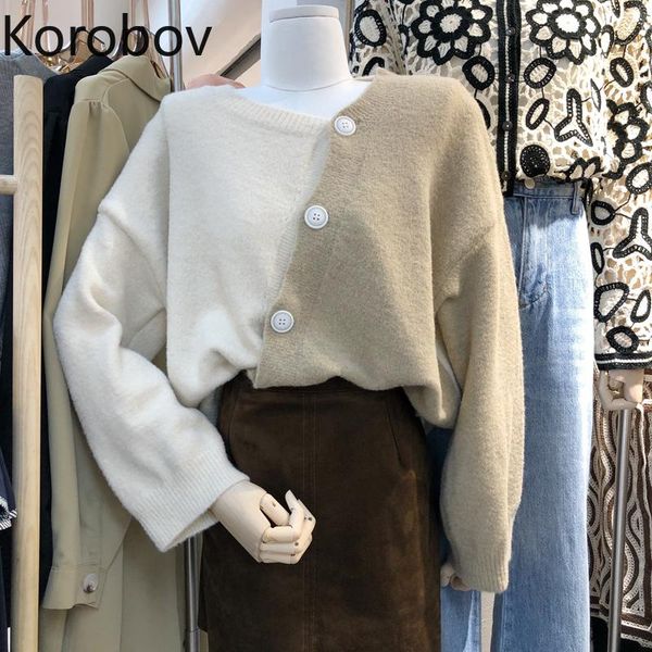 

women's knits & tees korobov korean chic vintage o neck women sweaters single breasted hit color patchwork sueter mujer 2021 knitwear, White
