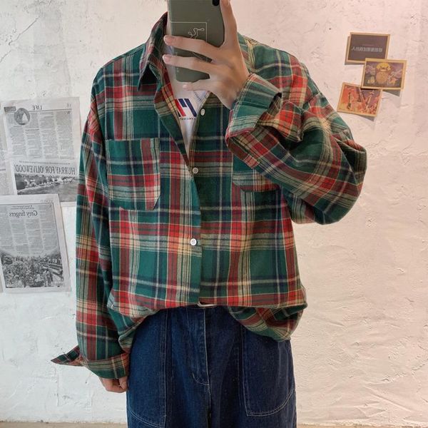 

plaid shirt men's fashion retro casual shirt men wild loose long sleeve shirts mens streetwear society men dress -5xl, White;black