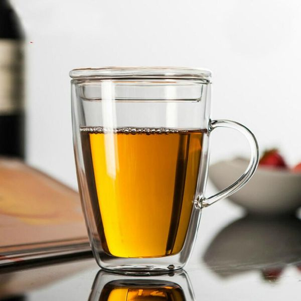 

mugs 1pcs 263ml 340ml mug with lid transparent flower glass cup double layer insulation handle