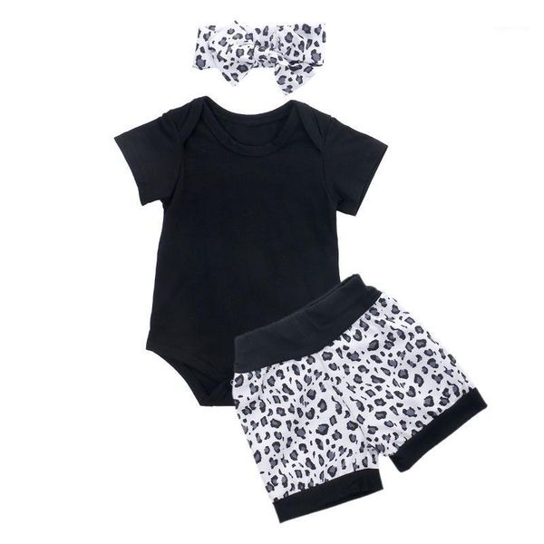

infant newborn baby girls boys set clothing solid black romper leopard print short pants+headband 3pcs outfit 0-24m1, White