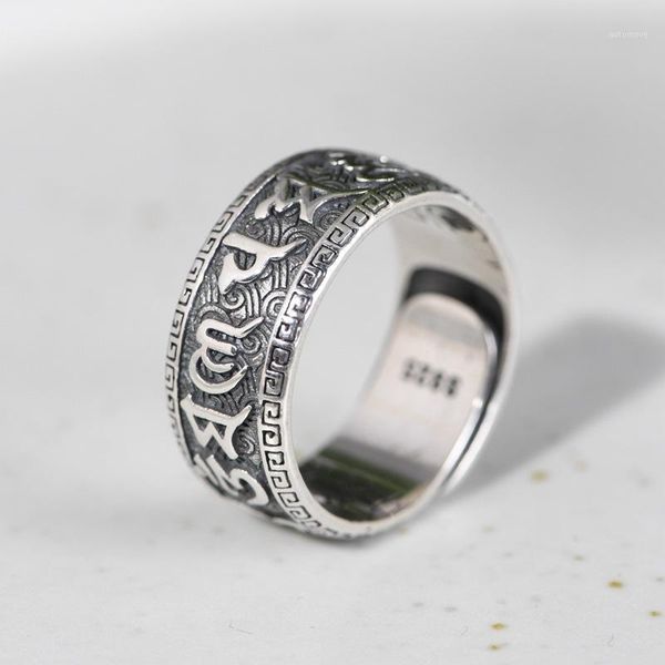 

s925 sterling silver ring vintage wide ring for men tibetan six words mantra adjustable buddhist jewelry1, Golden;silver