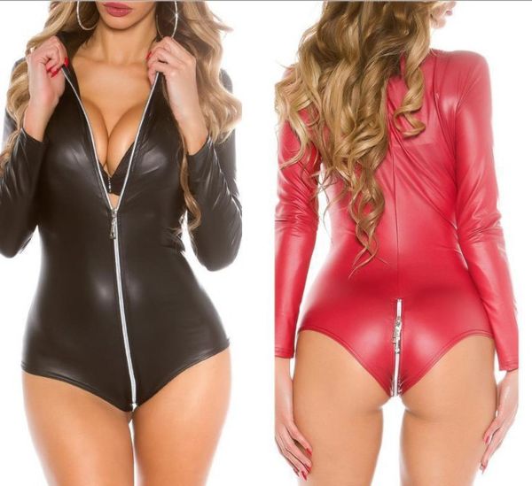 

open crotch leather bodysuit for zipper body suits women pvc dress sexi breast exposing crotchless latex lingerie sissy, Red;black