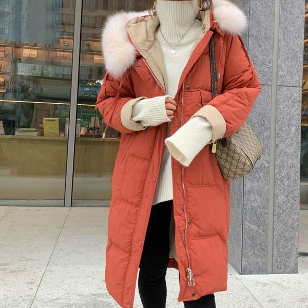

new fashion high-end casual hooded long down jacket women white duck down winter coat clothes, Black