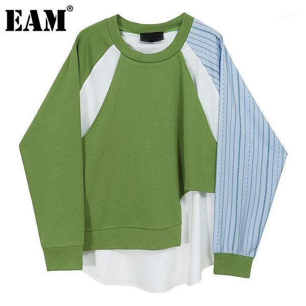 

eam] loose fit green striped stitch sweatshirt new round neck long sleeve women big size fashion tide spring autumn 2020 1da6651, Black