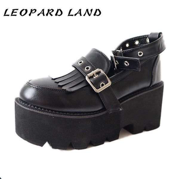 

leopard land 2020 осенняя новая платформа толстая обувь кисточкой пряжка наклонная пятка на высоком каблуке обувь женщины повседневная boot, Black