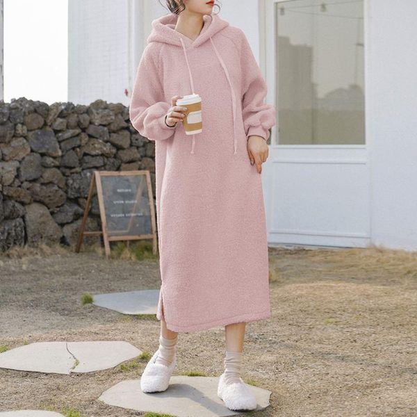 

zanzea fashion long sleeve hooded dress women winter plush fluffy vestidos autumn hoodies sweatshirt dress fleece pullover robe, Black;gray