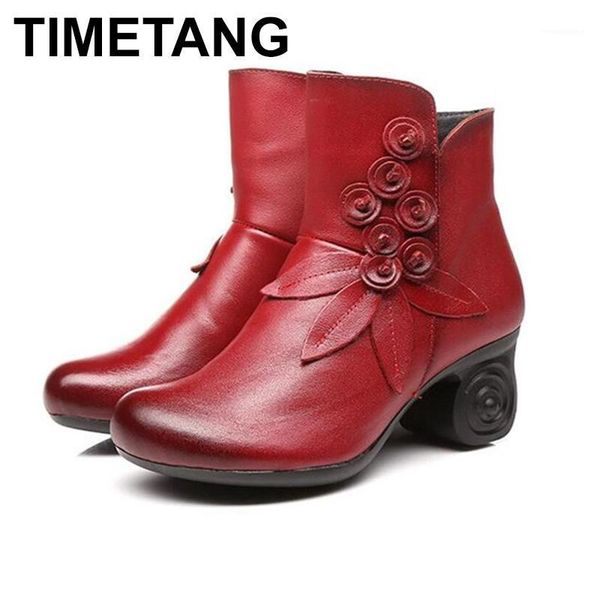 

boots timetang 2021 cowhide flowers spring shoes woman leather casual retro high heels mar women fashion shoe1, Black
