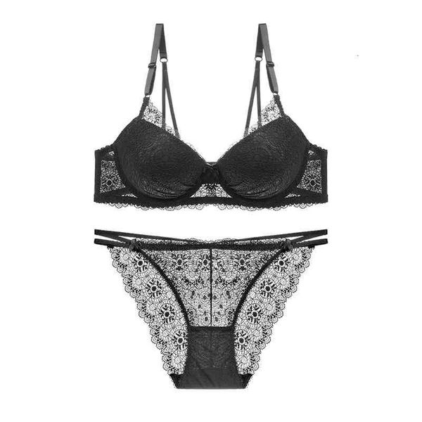 

women's deep v bra set lace gathered bra upper thin lower thick underwear suit, Black;white