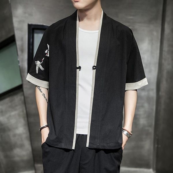 

men's casual shirts chinese style retro three quarter sleeve cardigan jacket han clothing loose large cotton linen top, White;black