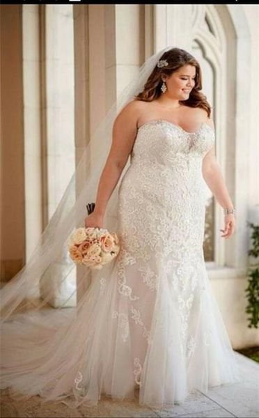 

american women plus size wedding dresses 2021 sleeveless lace appliques custom made big girl mermaid brdial gowns robe de mariee, White