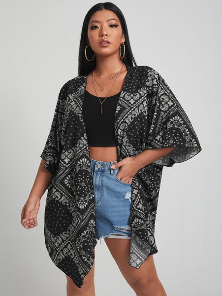

plus paisley print asymmetrical hem kimono v9te#, Black