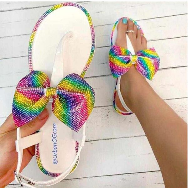 

women flat sandals summer casual rainbow color bow clip toe flip flops elegant ladies sandals beach slippers 2021 female shoes, Black