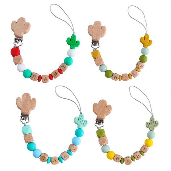 

2021 new diy cactus wooden baby pacifier clips chain holders newborn pacifier clips baby feeding silicone infant nipple clip