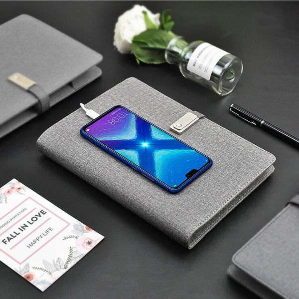 

fashionable gift set grey notepad a5 power bank pu leather diary planner usb charging notebook 8000mah wireless charging diary power bank