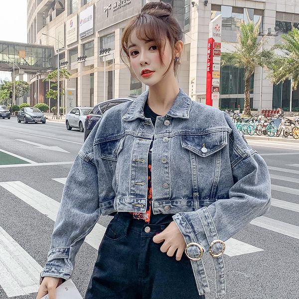 

2021 spring women vintage washed denim cotton loose single-breasted large pocket jacket female short coat jr2f, Black;brown