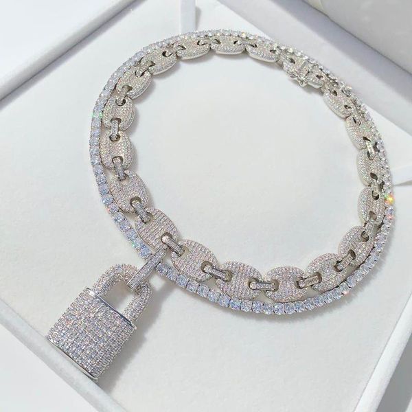 

silver color cz lock pendant necklace 5mm tennis chain rope iced out bling cubic zircon necklace for men women hip hop jewelry