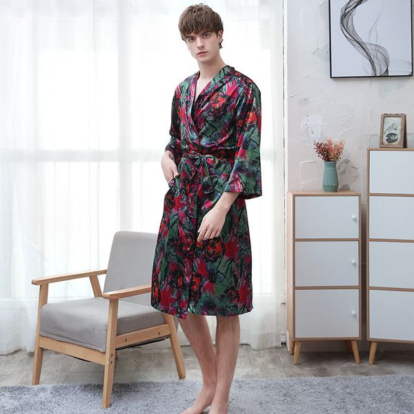 

2021 new plus size women's autumn spring ice silk bathrobe printing kimono female sleepwear v neck three sleeve pgm4, Black;red