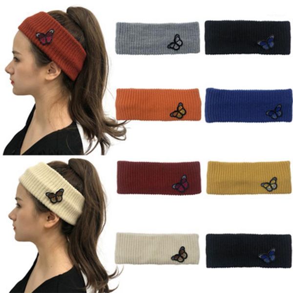 

casual knitted butterfly hairband for women autumn winter headgear solid color outdoor warm woolen cap1, Blue;gray