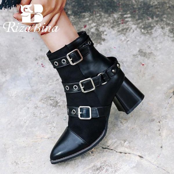 

boots rizabina plus size 33-48 women ankle vintage punk zipper buckle thick high heels shoes daily mujer footwear, Black
