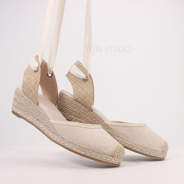 

5cm wedge heel women summer espadrilles sandals in beige and black color y200702