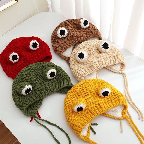 

solid color cartoon frog knitted hat winter warm hats skullies cap beanie hat for kid boy and girl, Yellow