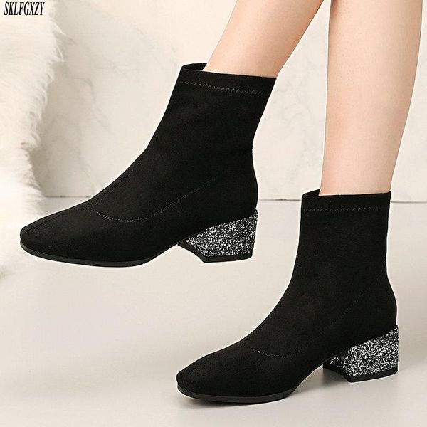 

boots stretch socks women shoes slip ankle spring winter elegant square high heels female plus size 34-39, Black