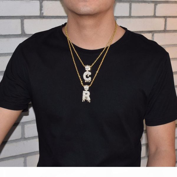 

custom name crown bail drip letters necklaces men's initials letters pendant cubic zircon hip hop jewelry with rope chain, Silver
