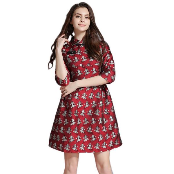 

cartoon print dress summer women cheongsam lady chinese style vestido female stand neck a-line chi-pao lover party dress, Black;gray