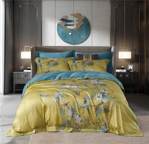 

bedding sets luxury tencel set floral birds duvet cover flat sheet printed bedclothes /king size bed 4pcs