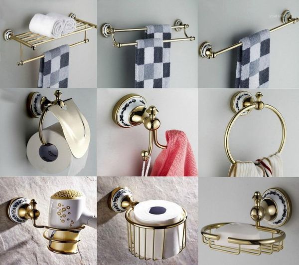 

bath accessory set gold color brass bathroom hardware towel rack toilet paper holder toothbrush wall mounted lj0181