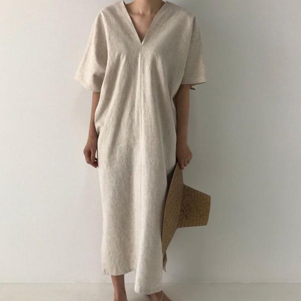 

vintage long maxi dress women casual short sleeve loose party dress oversized summer ankle-length v-neck korean 2020, Black;gray