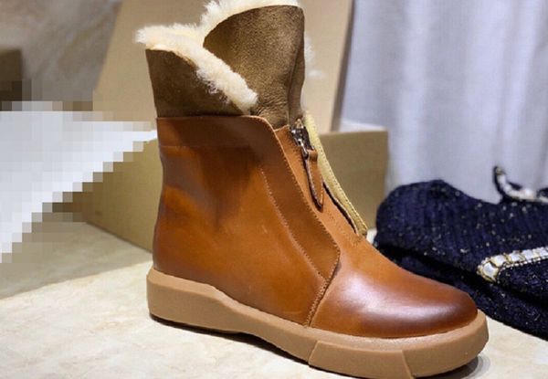 

2020 winter new fur integrated front zipper lapel retro short boots women's thick-soled martin boots, Black