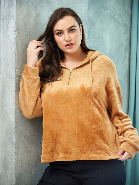 

plus zip half velvet hoodie h18v#, Black