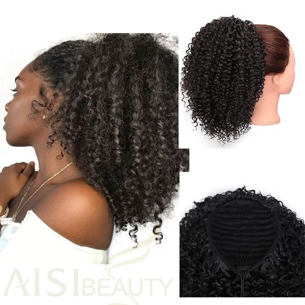 

drawstring puff ponytail afro kinky curly hair extension human clip in pony tail african american hair extension 140g, Black
