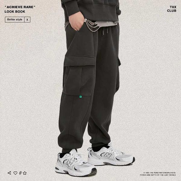 

street fashion brand multi pocket plush leggings sweatpants loose hip-hop knitted pants casual pants men, Black