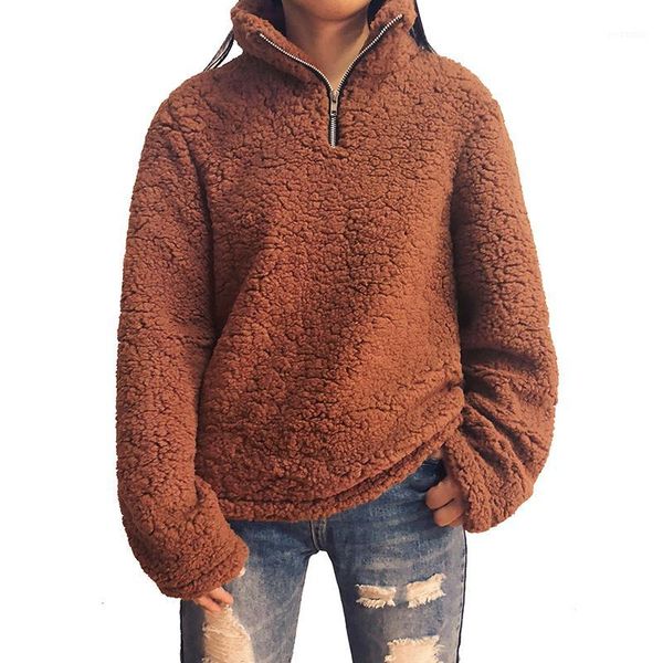 

2019 new spring women furry fleece sweatshirts long sleeve stand collar zipper pullovers fur coat warm casual outerwear hoodies1, Black