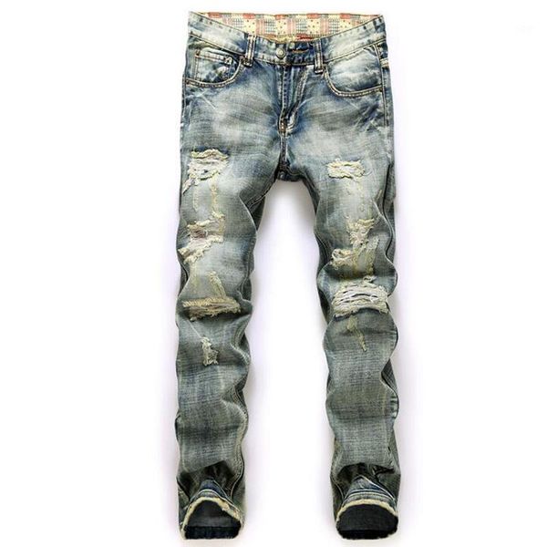 

men's jeans casual straight hole jeans men men denim trousers1, Blue