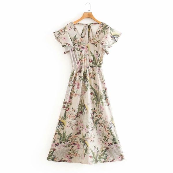 

women's fashion 2020 summer new v-neck open back lace up printed short sleeve dress y9638, Black;gray