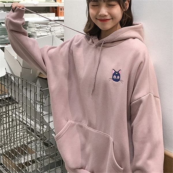 Kadın Tişörtü Sailor Moon Kedi Pembe Işlemeli Hoodies Kadın Kawaii Kore Bahar Gevşek Kazak Kapüşonlu Kazaklar LJ201103