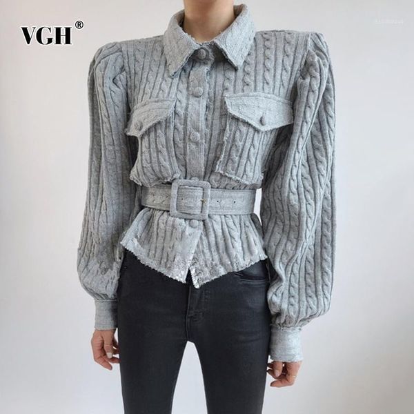 

vgh vintage twist gray sweater for women lapel lantern sleeve with sashes knitted female fashion new clothing 2020 autumn1, White