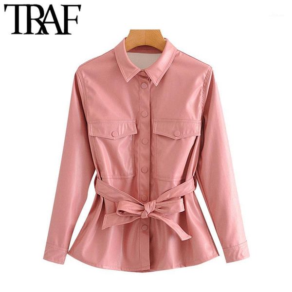 

kpytomoa women fashion with belt faux leather jacket coat vintage long sleeve pockets female outerwear chic 1, Black