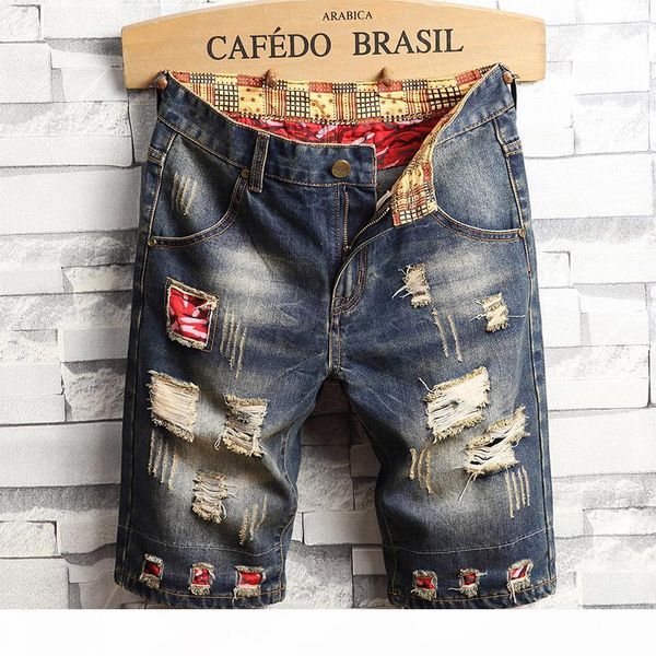 

ursporttech mens denim shorts hole paint personality denim pants fashion skinny simple cotton comfortable male destroyed jeans, Blue