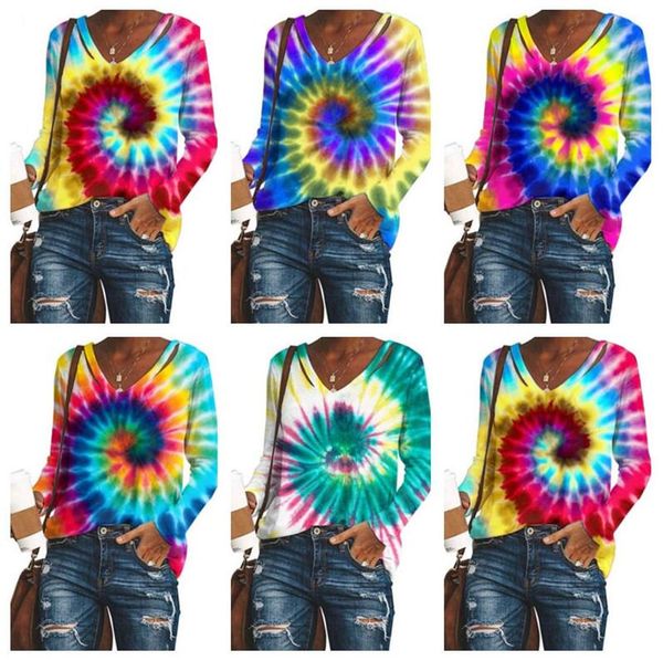 

women designer clothes fashion tie-dye printed long-sleeved v-neck sweatershirt pullover blouse t-shirt autumn winter 5 colors e120503, White